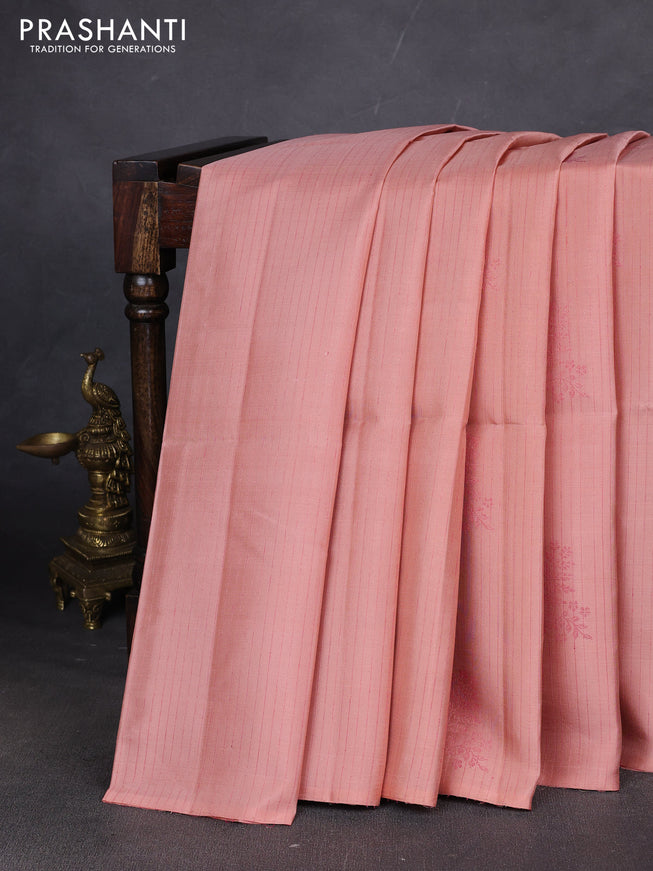 Pure soft silk saree mild peach and dark magenta pink with allover stripes pattern & woven buttas in borderless style
