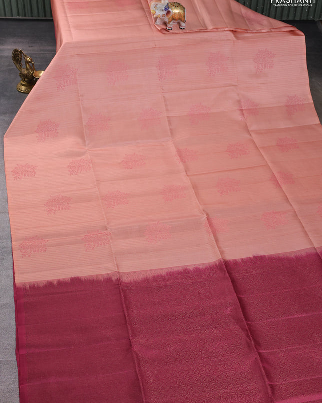 Pure soft silk saree mild peach and dark magenta pink with allover stripes pattern & woven buttas in borderless style