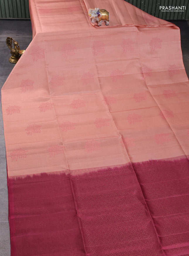 Pure soft silk saree mild peach and dark magenta pink with allover stripes pattern & woven buttas in borderless style