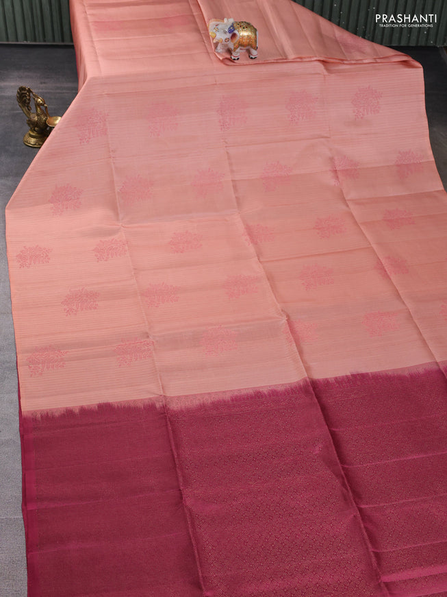 Pure soft silk saree mild peach and dark magenta pink with allover stripes pattern & woven buttas in borderless style