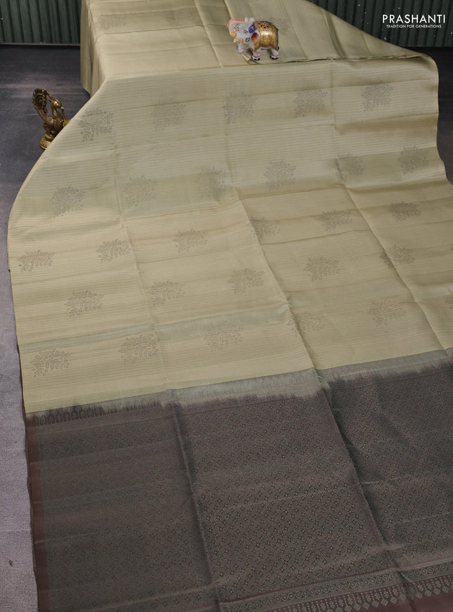Pure soft silk saree cream and grey with allover stripes pattern & woven buttas in borderless style