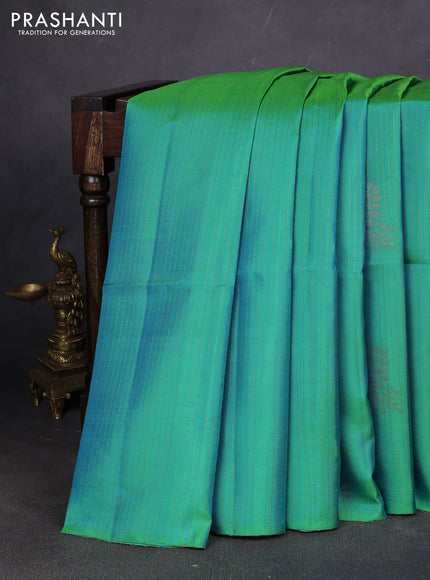 Pure soft silk saree teal green and dark magenta pink with allover stripes pattern & woven buttas in borderless style