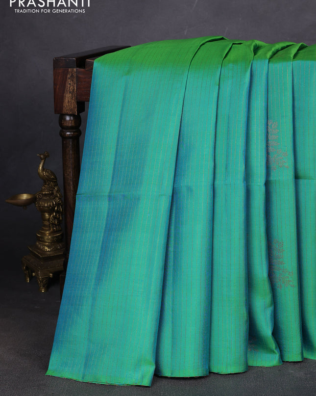 Pure soft silk saree teal green and dark magenta pink with allover stripes pattern & woven buttas in borderless style