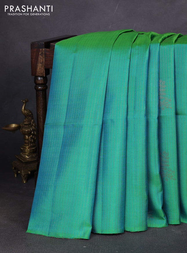Pure soft silk saree teal green and dark magenta pink with allover stripes pattern & woven buttas in borderless style