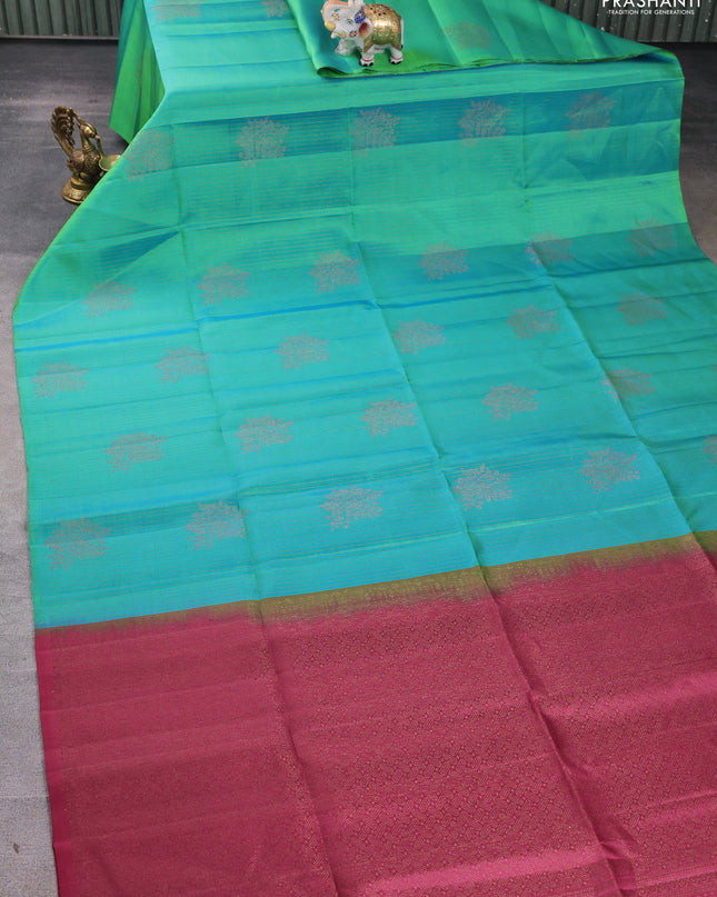 Pure soft silk saree teal green and dark magenta pink with allover stripes pattern & woven buttas in borderless style