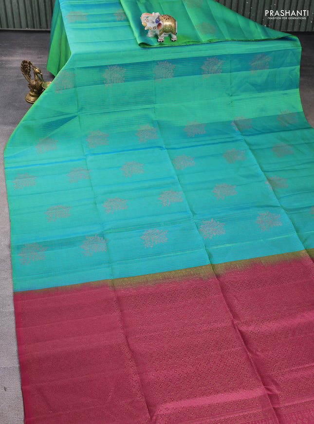 Pure soft silk saree teal green and dark magenta pink with allover stripes pattern & woven buttas in borderless style