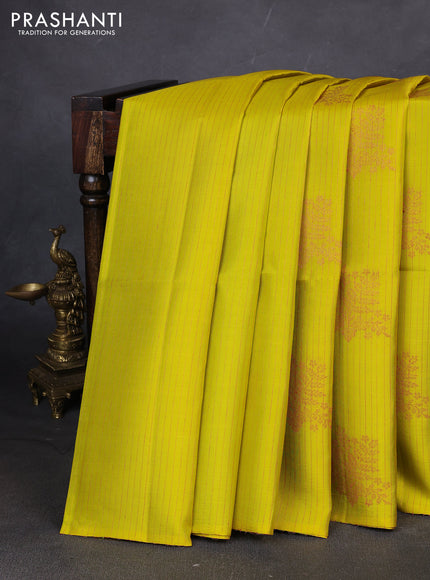 Pure soft silk saree lime yellow and teal blue with allover stripes pattern & woven buttas in borderless style