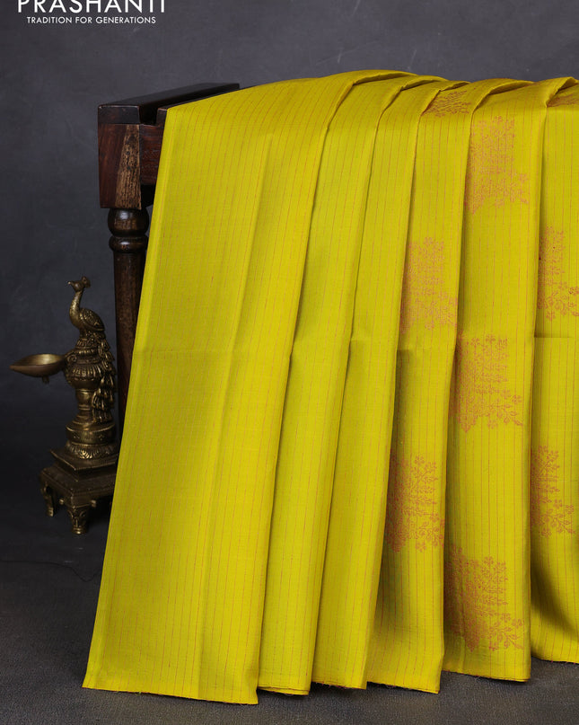 Pure soft silk saree lime yellow and teal blue with allover stripes pattern & woven buttas in borderless style