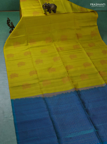 Pure soft silk saree lime yellow and teal blue with allover stripes pattern & woven buttas in borderless style