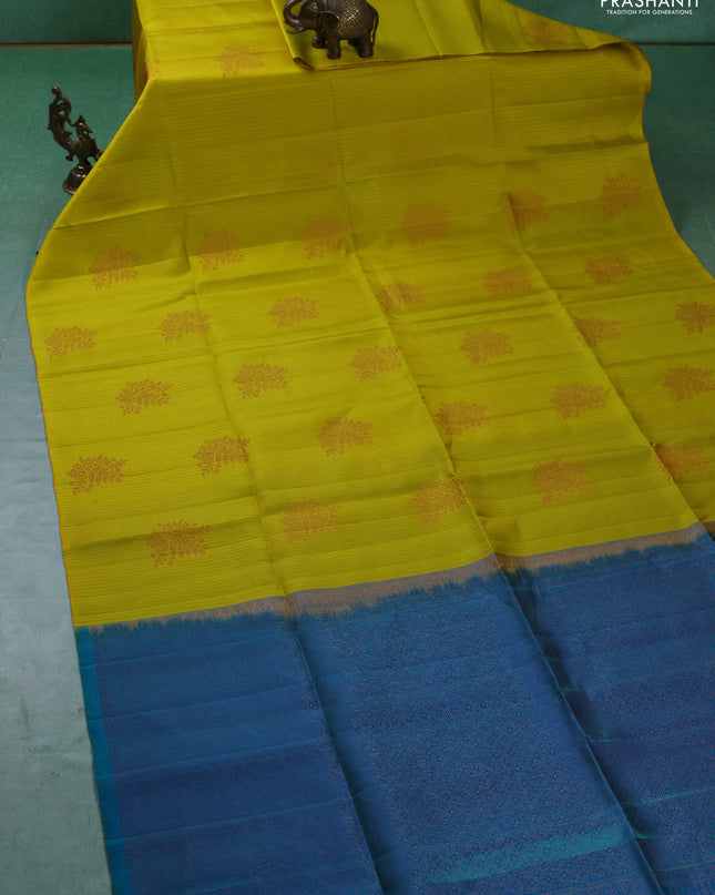 Pure soft silk saree lime yellow and teal blue with allover stripes pattern & woven buttas in borderless style