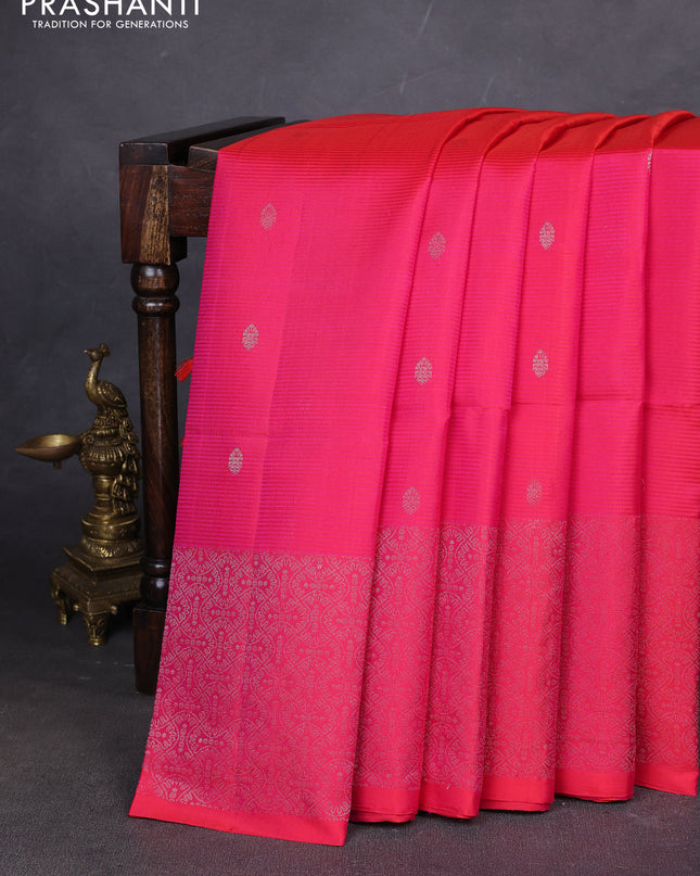 Pure soft silk saree dual shade of pinkish orange with silver zari woven buttas and rich silver zari woven border