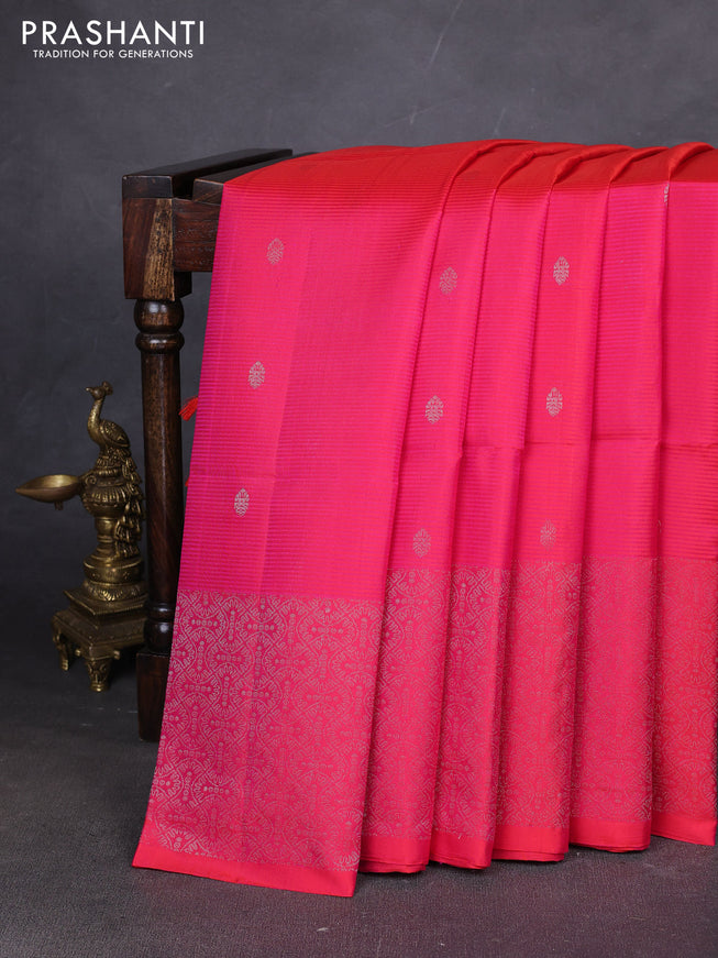 Pure soft silk saree dual shade of pinkish orange with silver zari woven buttas and rich silver zari woven border