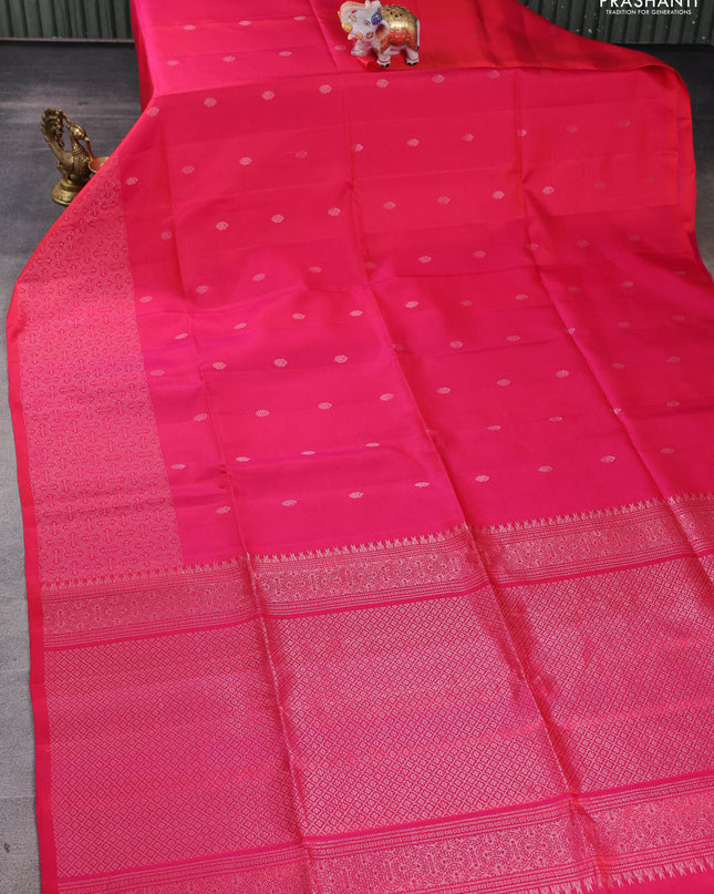 Pure soft silk saree dual shade of pinkish orange with silver zari woven buttas and rich silver zari woven border