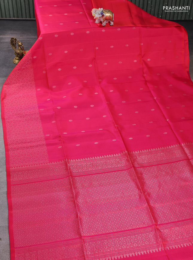 Pure soft silk saree dual shade of pinkish orange with silver zari woven buttas and rich silver zari woven border