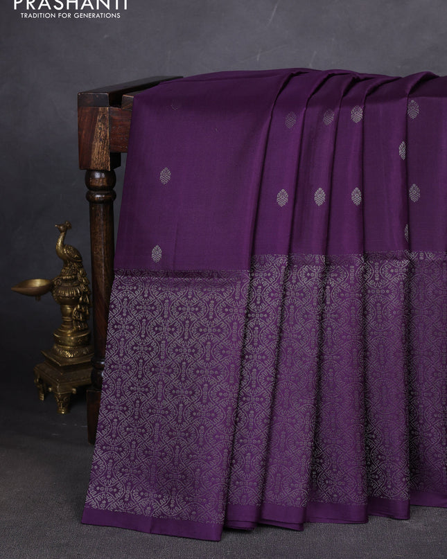 Pure soft silk saree violet with silver zari woven buttas and rich silver zari woven border