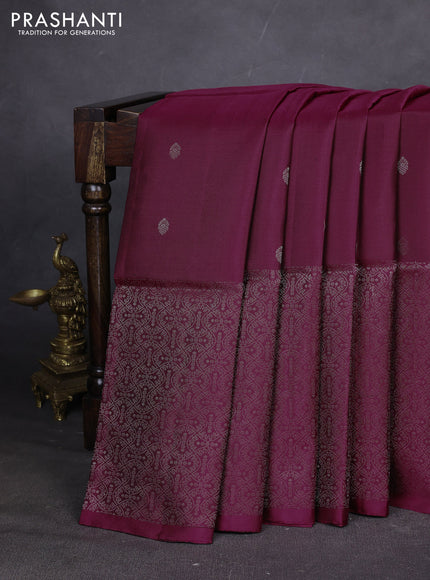 Pure soft silk saree dark magenta pink with silver zari woven buttas and rich silver zari woven border