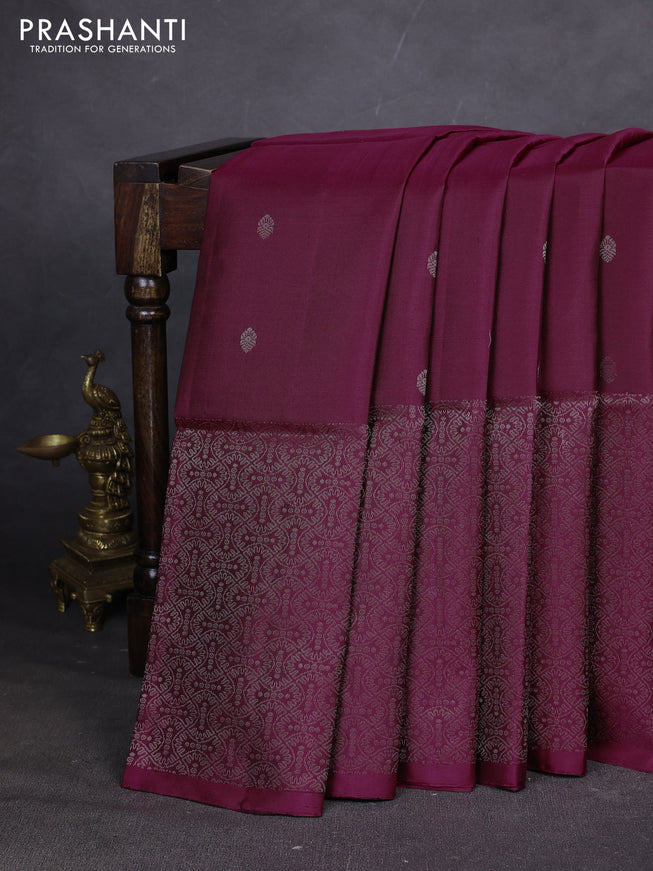 Pure soft silk saree dark magenta pink with silver zari woven buttas and rich silver zari woven border