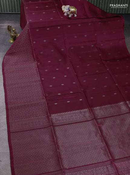 Pure soft silk saree dark magenta pink with silver zari woven buttas and rich silver zari woven border