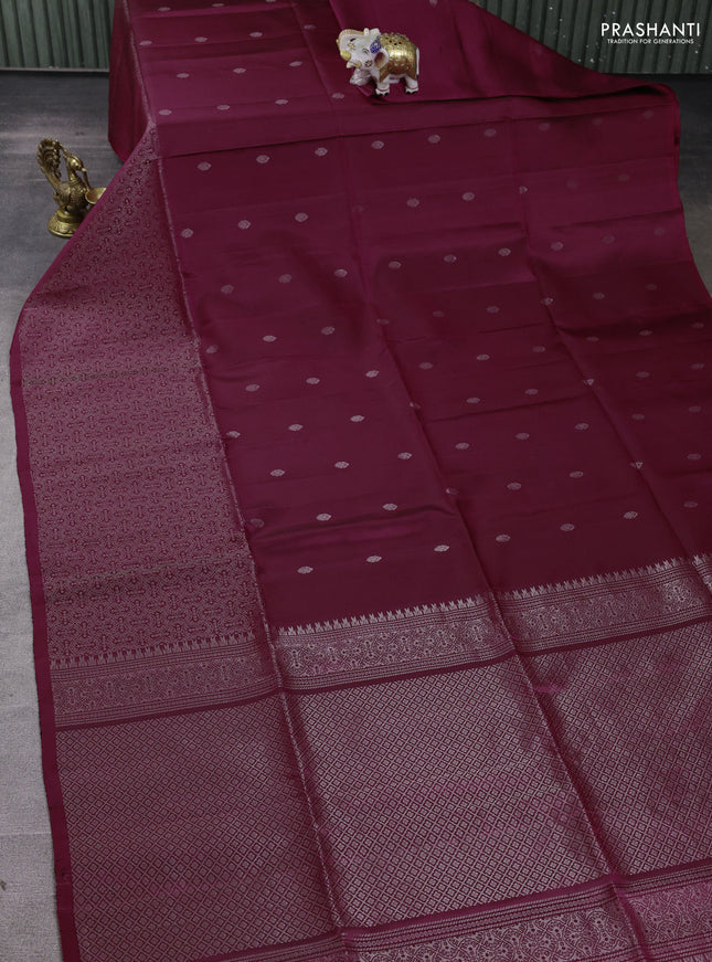 Pure soft silk saree dark magenta pink with silver zari woven buttas and rich silver zari woven border