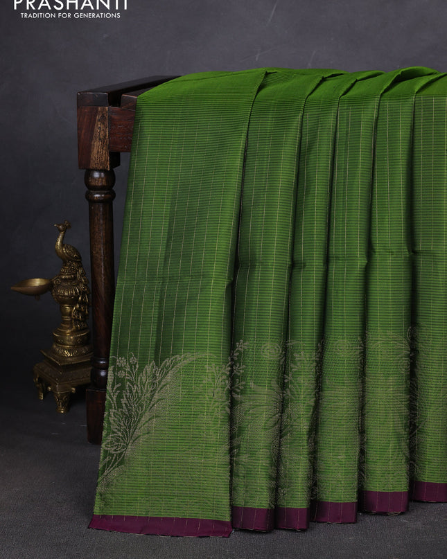Pure soft silk saree green and wine shade with allover zari stripes pattern and rich zari woven border
