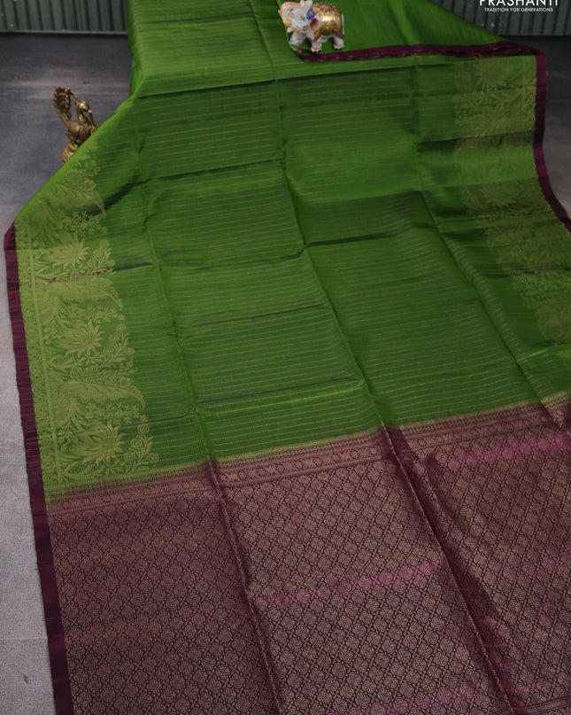Pure soft silk saree green and wine shade with allover zari stripes pattern and rich zari woven border