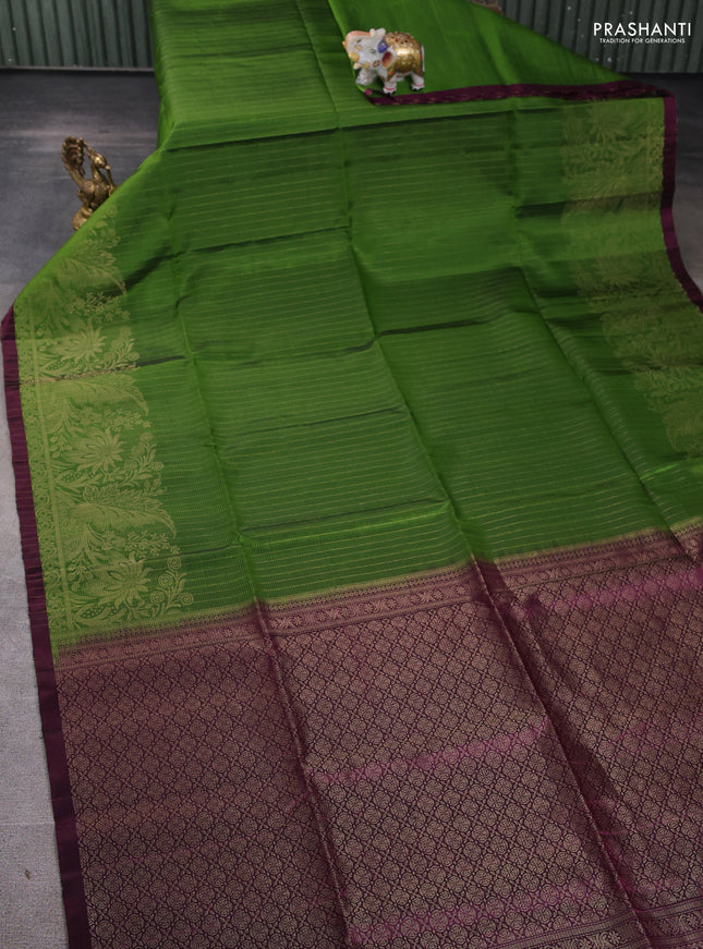 Pure soft silk saree green and wine shade with allover zari stripes pattern and rich zari woven border