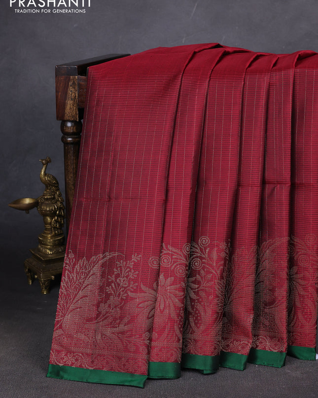 Pure soft silk saree maroon and green with allover zari stripes pattern and rich zari woven border