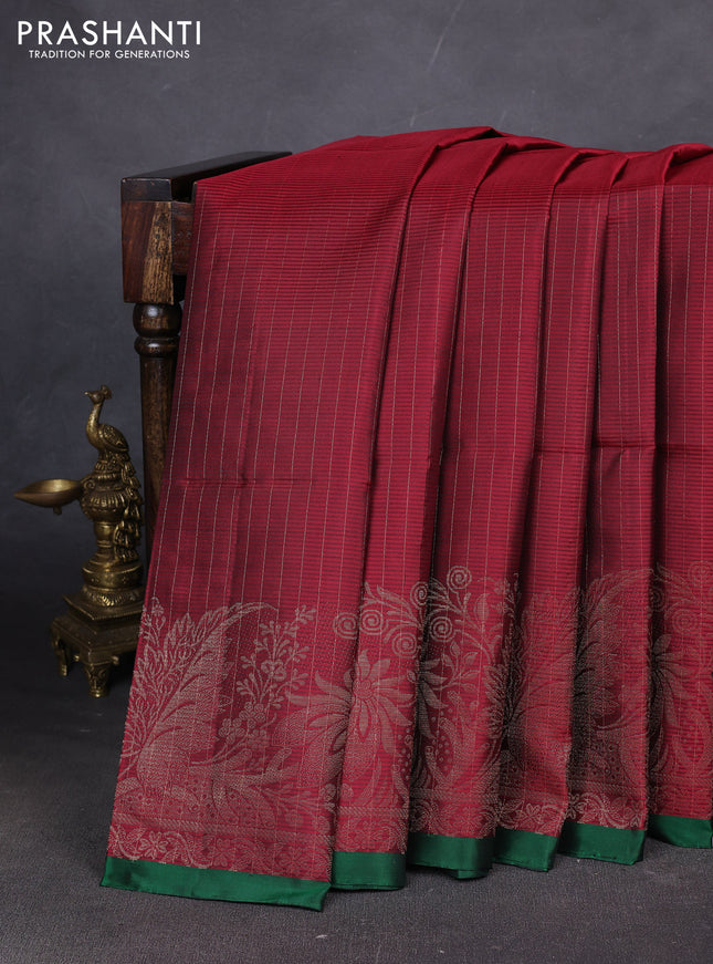 Pure soft silk saree maroon and green with allover zari stripes pattern and rich zari woven border