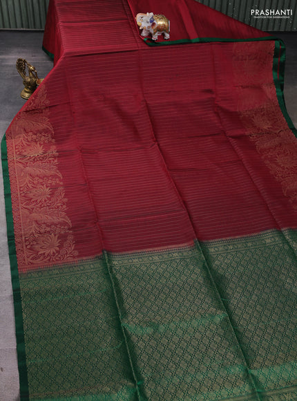 Pure soft silk saree maroon and green with allover zari stripes pattern and rich zari woven border