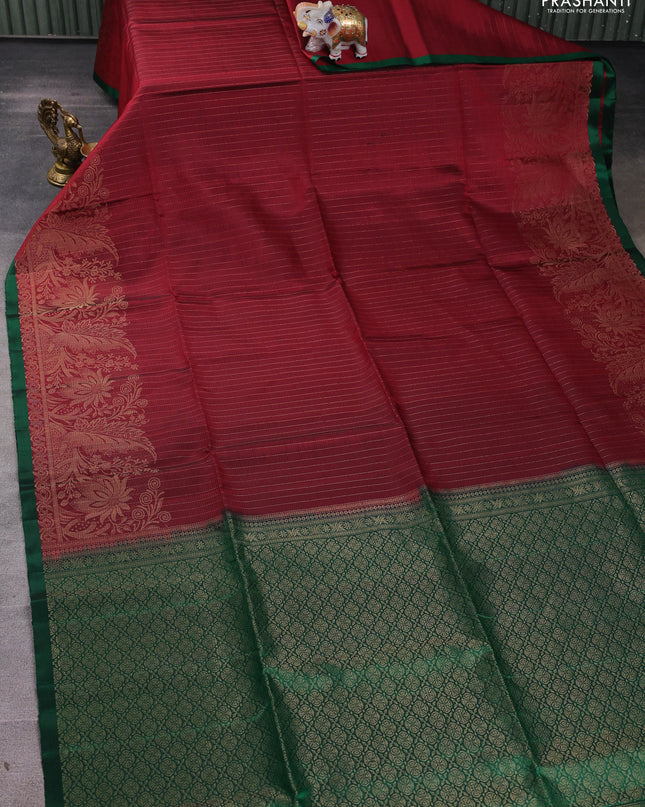 Pure soft silk saree maroon and green with allover zari stripes pattern and rich zari woven border