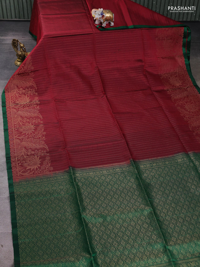 Pure soft silk saree maroon and green with allover zari stripes pattern and rich zari woven border