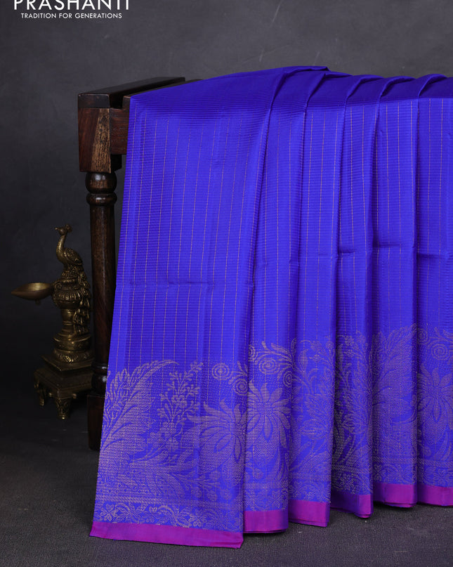 Pure soft silk saree royal blue and purple with allover zari stripes pattern and rich zari woven border