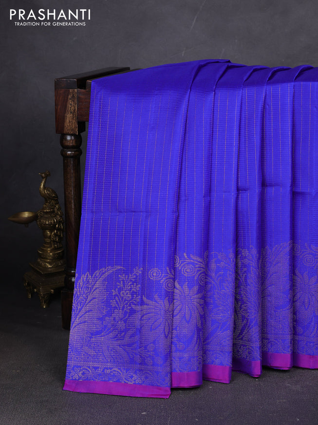 Pure soft silk saree royal blue and purple with allover zari stripes pattern and rich zari woven border