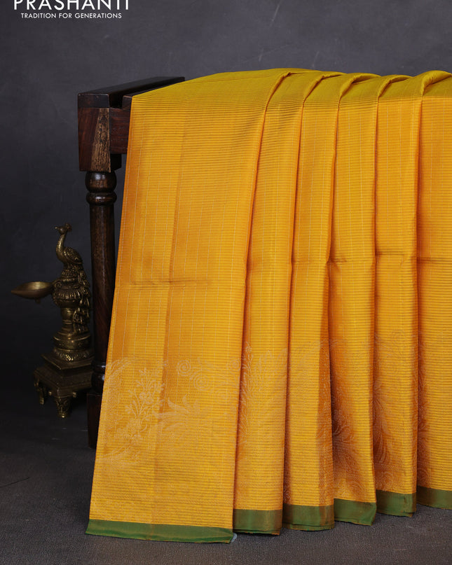 Pure soft silk saree mustard yellow and green with allover zari weaves and simple border