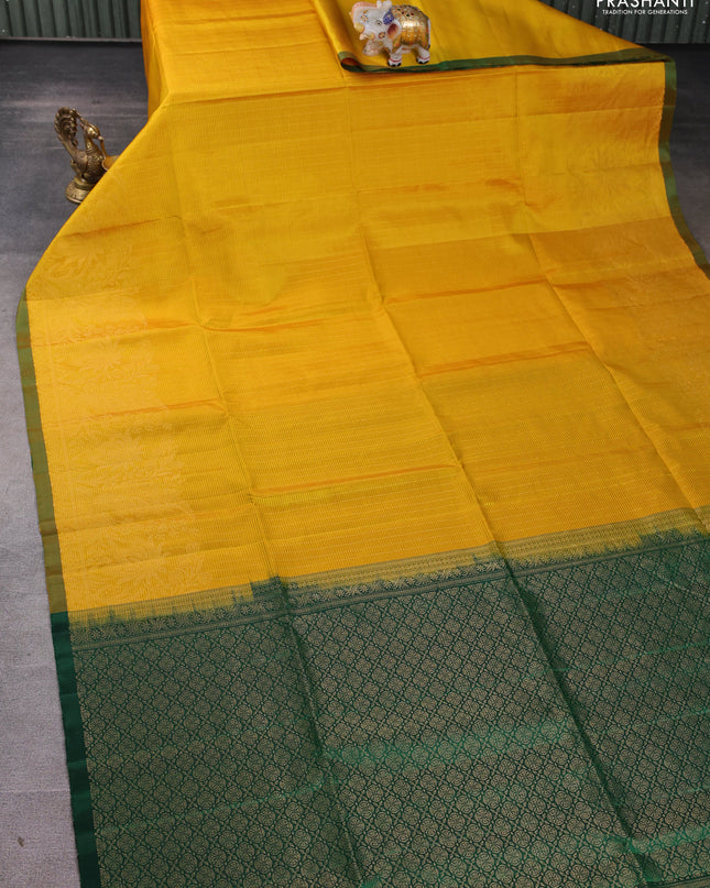 Pure soft silk saree mustard yellow and green with allover zari weaves and simple border