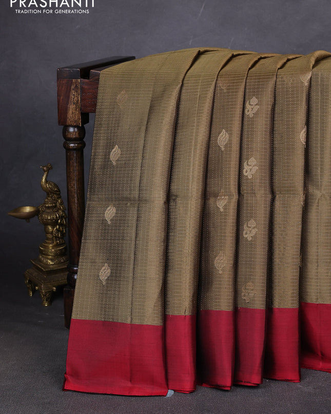 Pure soft silk saree elaichi green and maroon with allover zari stripes pattern and simple border
