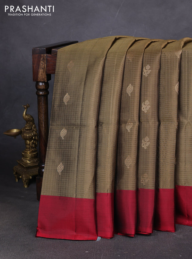 Pure soft silk saree elaichi green and maroon with allover zari stripes pattern and simple border