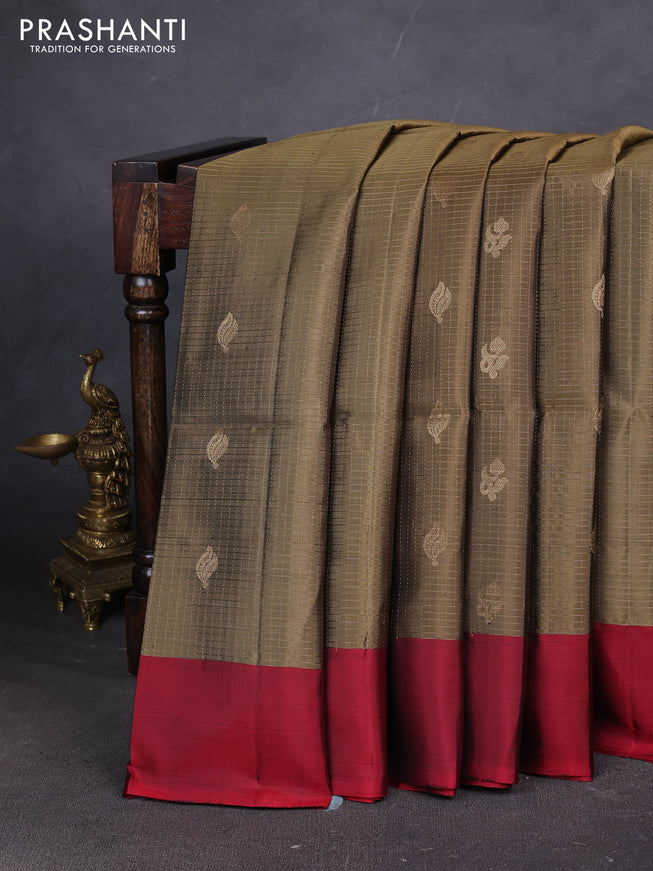 Pure soft silk saree elaichi green and maroon with allover zari stripes pattern and simple border