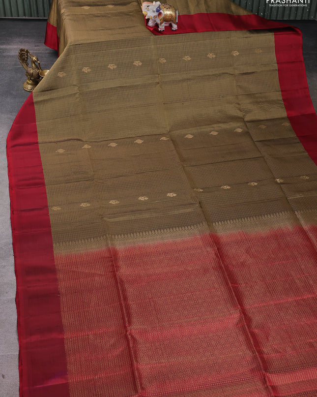 Pure soft silk saree elaichi green and maroon with allover zari stripes pattern and simple border