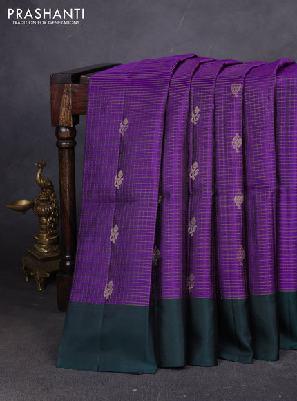 Pure soft silk saree violet and dark green with allover zari stripes pattern and simple border