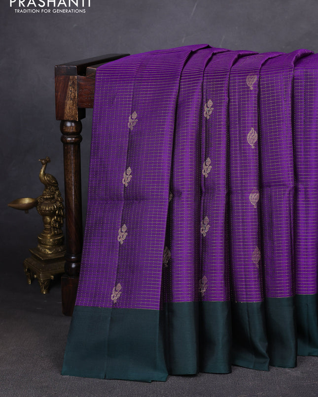 Pure soft silk saree violet and dark green with allover zari stripes pattern and simple border