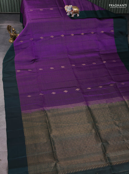 Pure soft silk saree violet and dark green with allover zari stripes pattern and simple border
