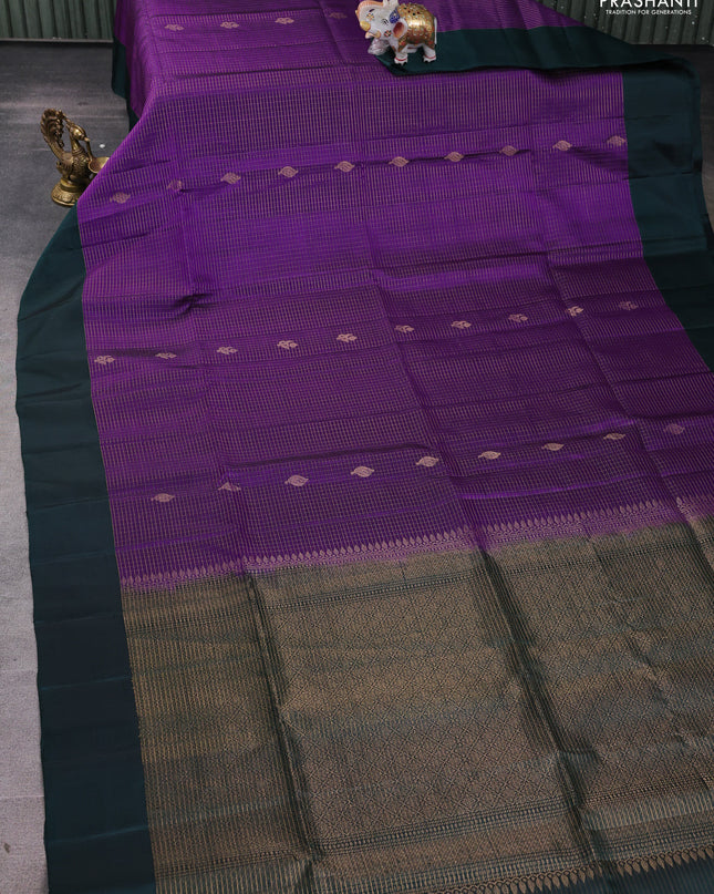 Pure soft silk saree violet and dark green with allover zari stripes pattern and simple border