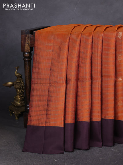 Pure soft silk saree rustic orange and deep jamun with allover zari stripes pattern and simple border