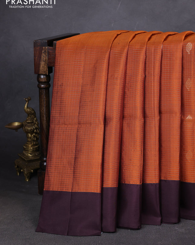 Pure soft silk saree rustic orange and deep jamun with allover zari stripes pattern and simple border
