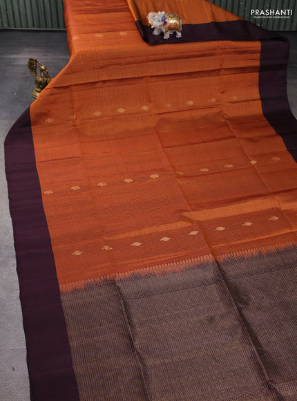 Pure soft silk saree rustic orange and deep jamun with allover zari stripes pattern and simple border