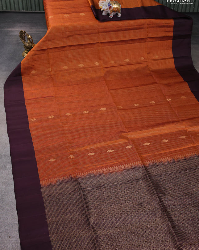 Pure soft silk saree rustic orange and deep jamun with allover zari stripes pattern and simple border