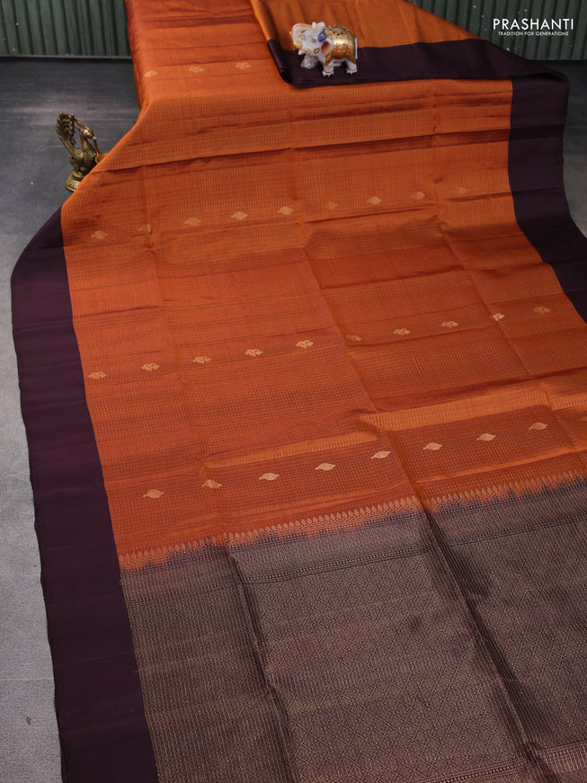 Pure soft silk saree rustic orange and deep jamun with allover zari stripes pattern and simple border