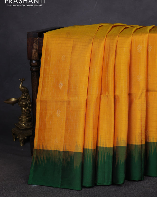 Pure soft silk saree mango yellow and green with allover zari weaves and simple border