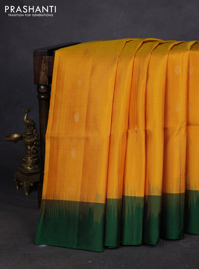 Pure soft silk saree mango yellow and green with allover zari weaves and simple border